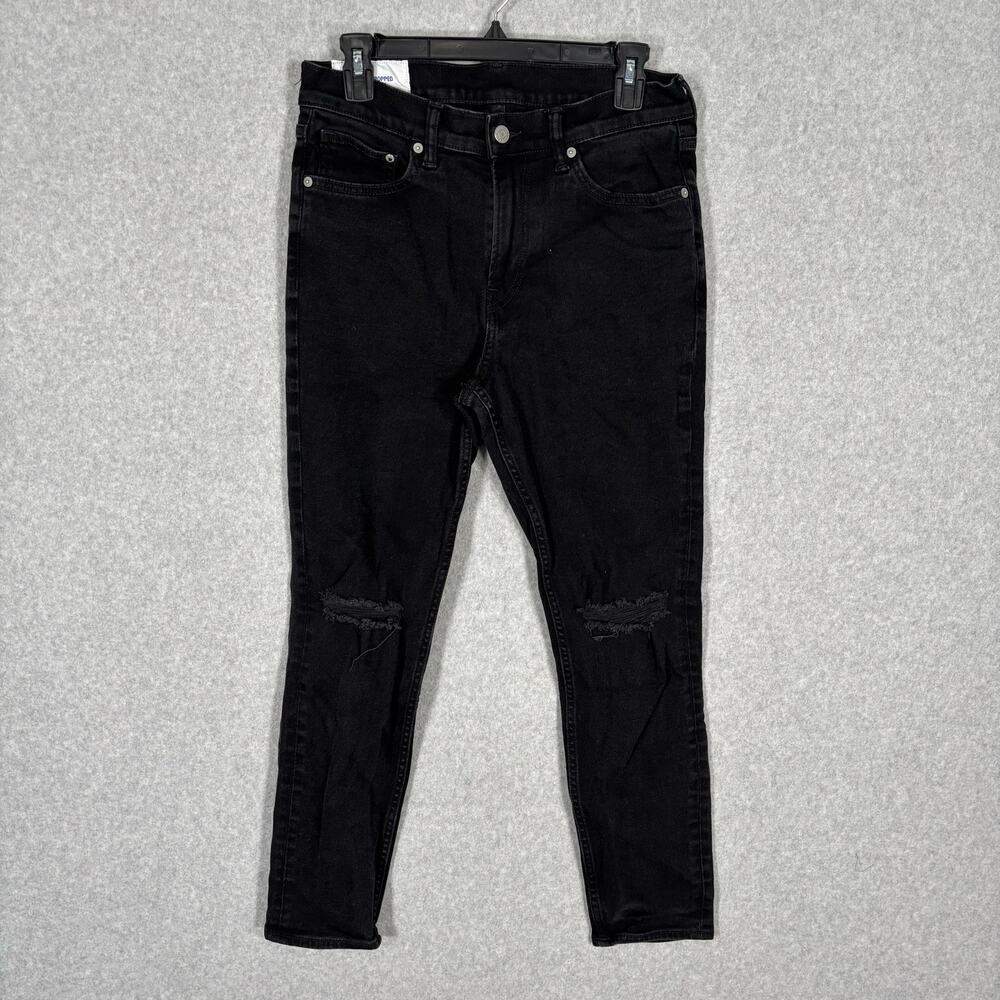 & Denim H&M Jeans Womens 31 Black Skinny Cropped Moulant 3/4 Ripped Knee Holes
